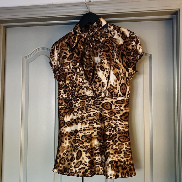 Voila Tops - Vintage Y2K Leopard Print Tie-Neck Top Volia Medium Made in USA